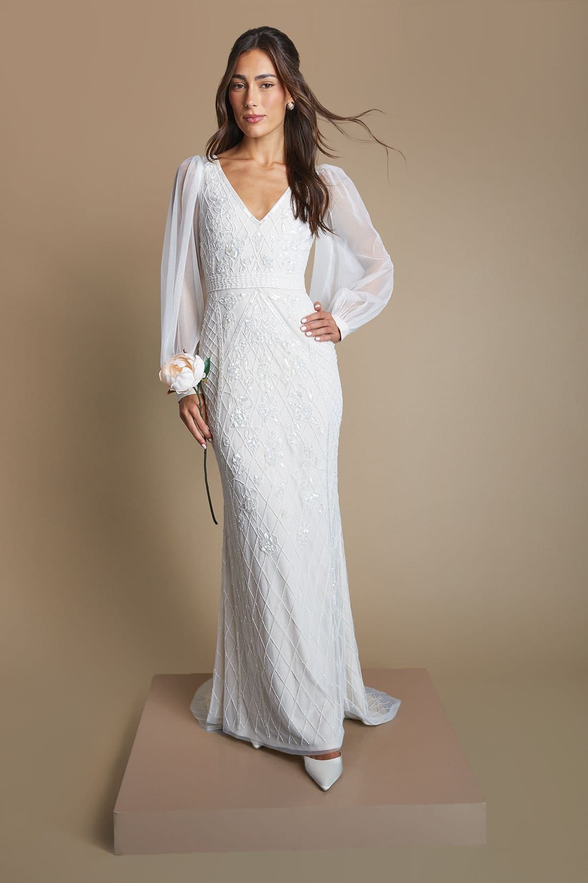 Coast Coast Women's Plunge Floral Vintage Embellished Wedding Dress With Sleeve in Ivory