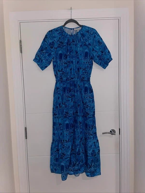 Never Fully Dressed Never Fully Dressed Blue Scenery Printed Smock Midi Dress Size 8 Summer Casual pretty