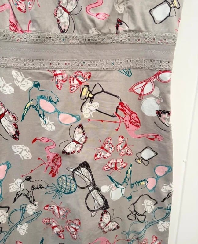 White Stuff White Stuff Grey Printed Cotton Dress UK 8 Flamingo Butterfly Summer Tea Dress