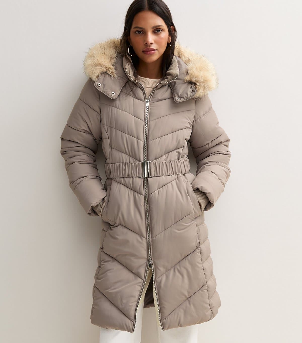 New Look Women's Stone Longline Faux Fur Trimmed Hooded Coat New Look