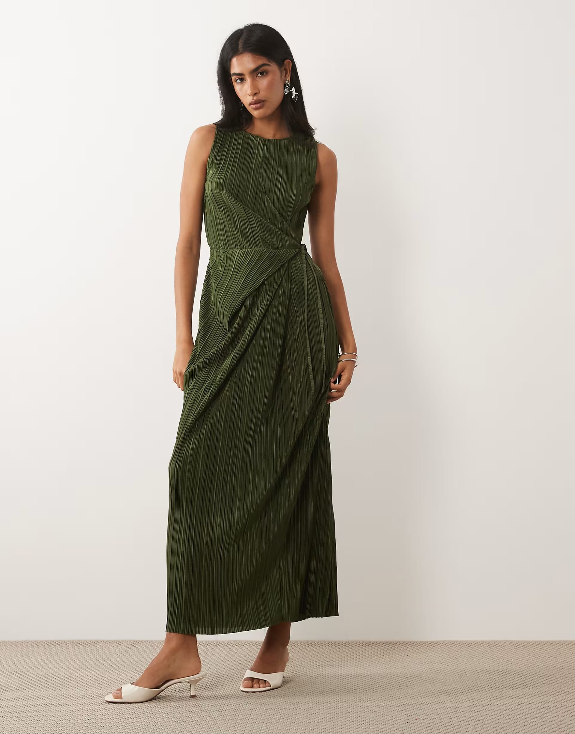 ASOS DESIGN Dark Khaki Plisse Sleeveless Wrap Maxi Dress