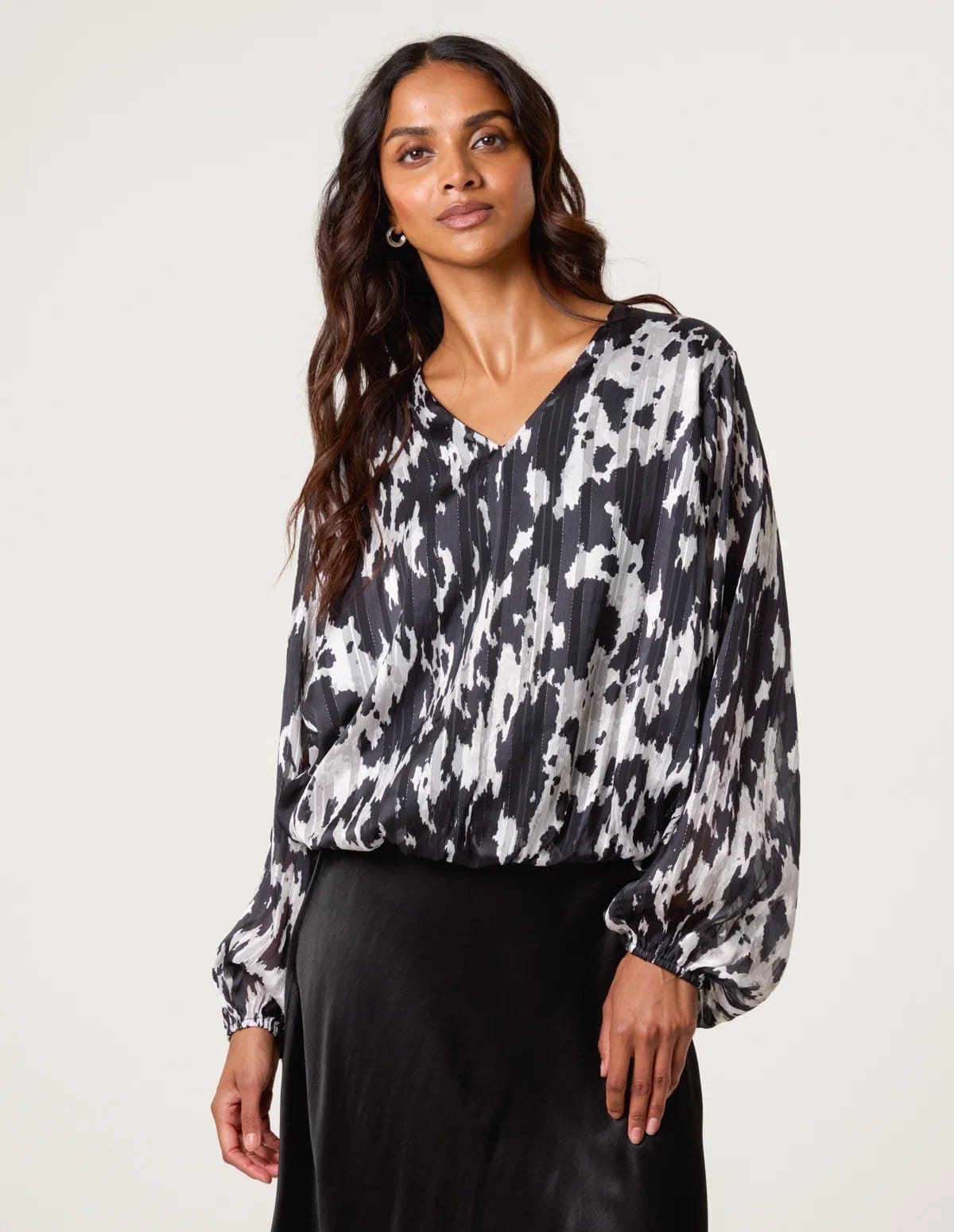 Blue Vanilla Black Pattern V Neck Bubble Hem Blouse
