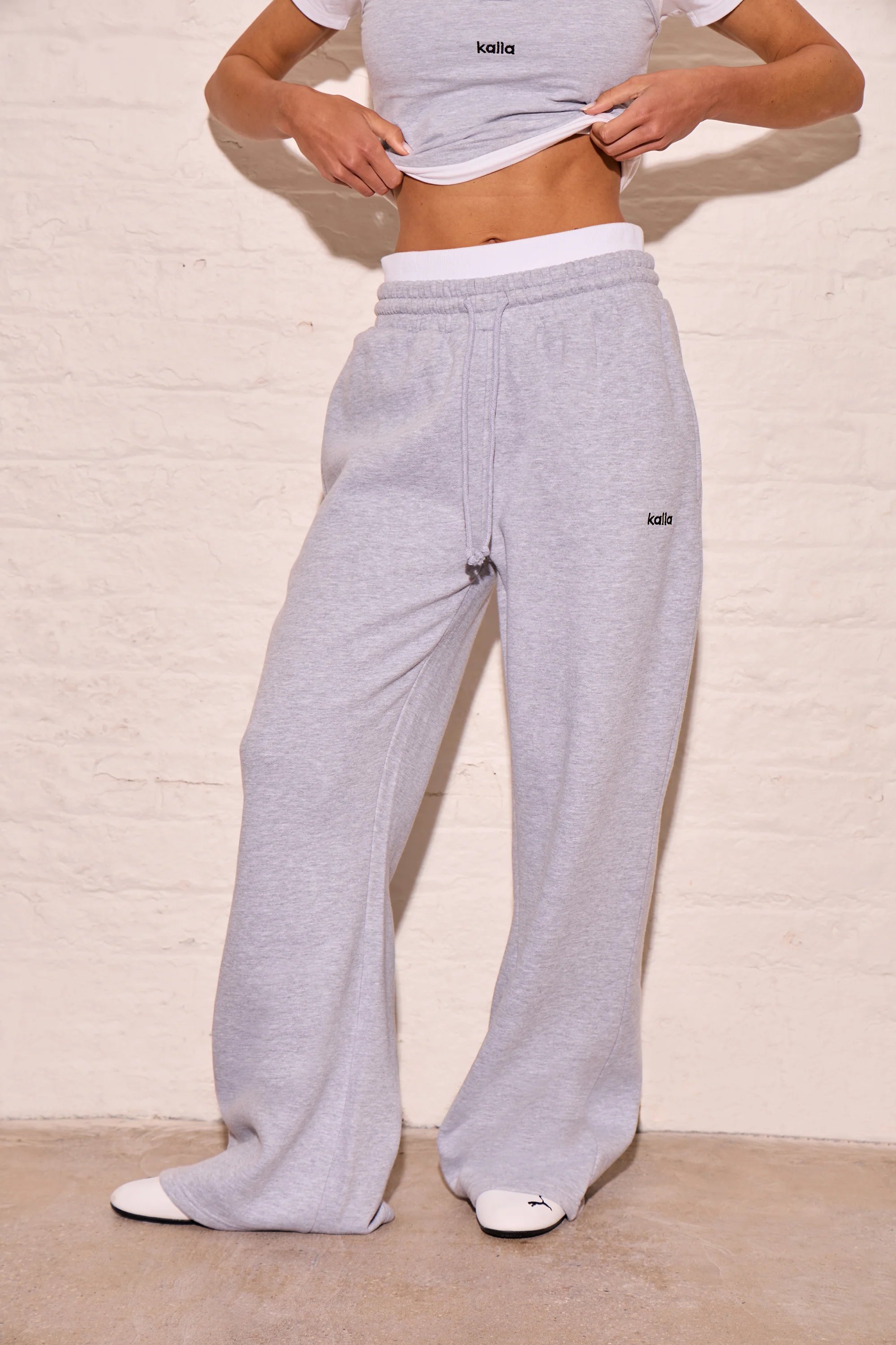 Kaiia Kaiia Double Waistband High Waisted Joggers Mid Grey Marl - 3