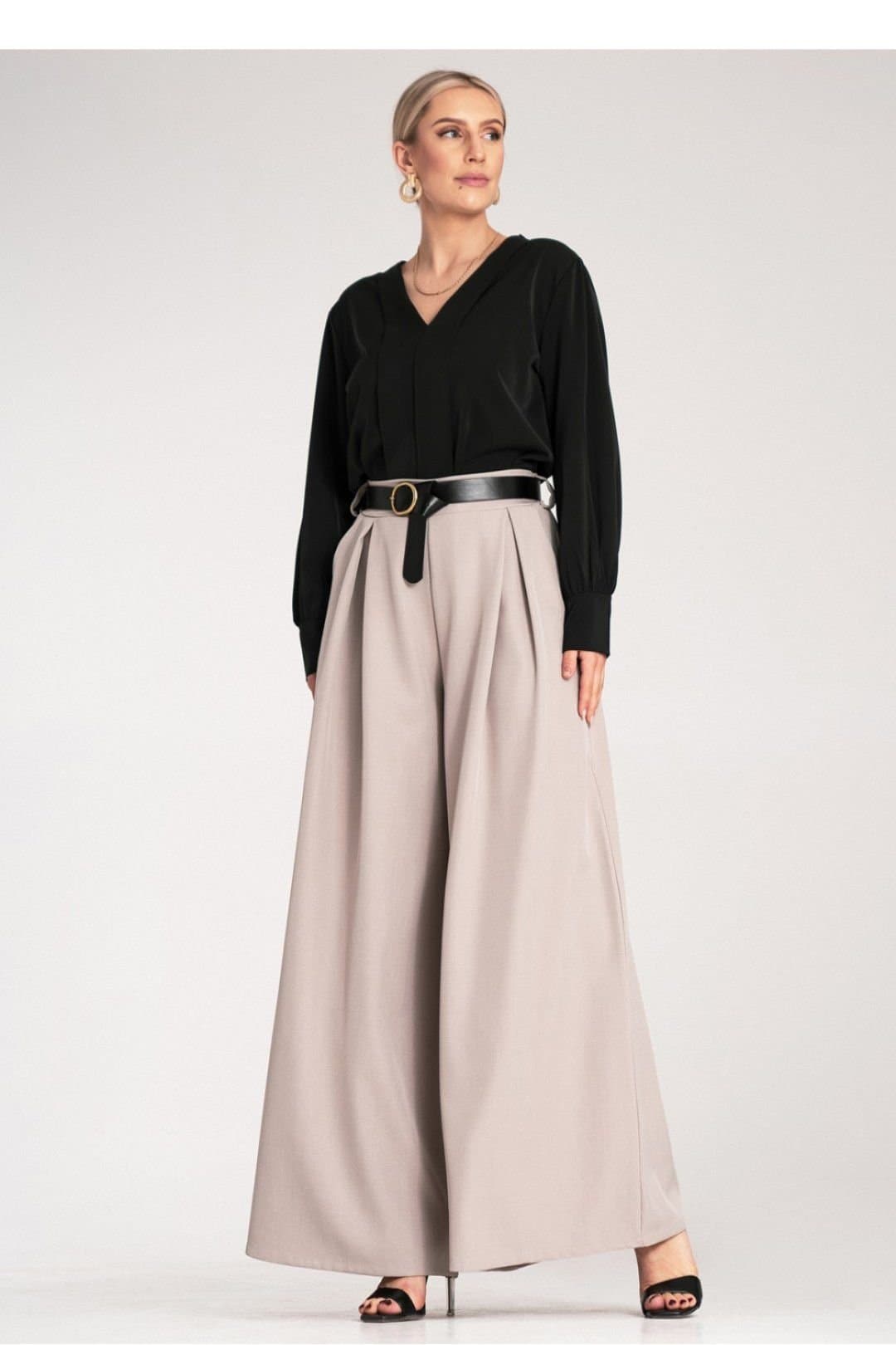 Love Lace Love Lace Women's High Waisted Wide Leg Palazzo Pants with Belt in Beige