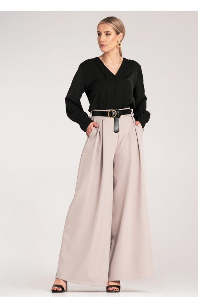 Love Lace Love Lace Women's High Waisted Wide Leg Palazzo Pants with Belt in Beige - 2