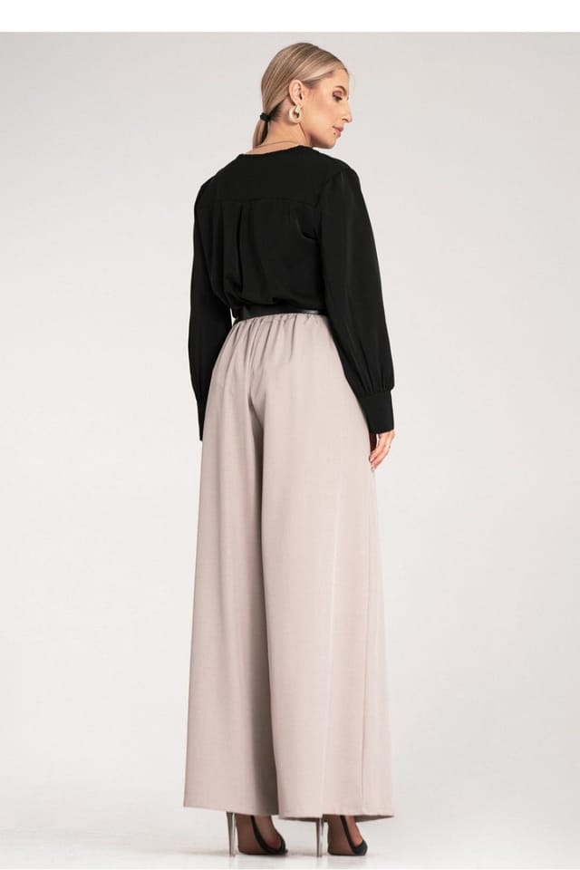 Love Lace Love Lace Women's High Waisted Wide Leg Palazzo Pants with Belt in Beige - 3