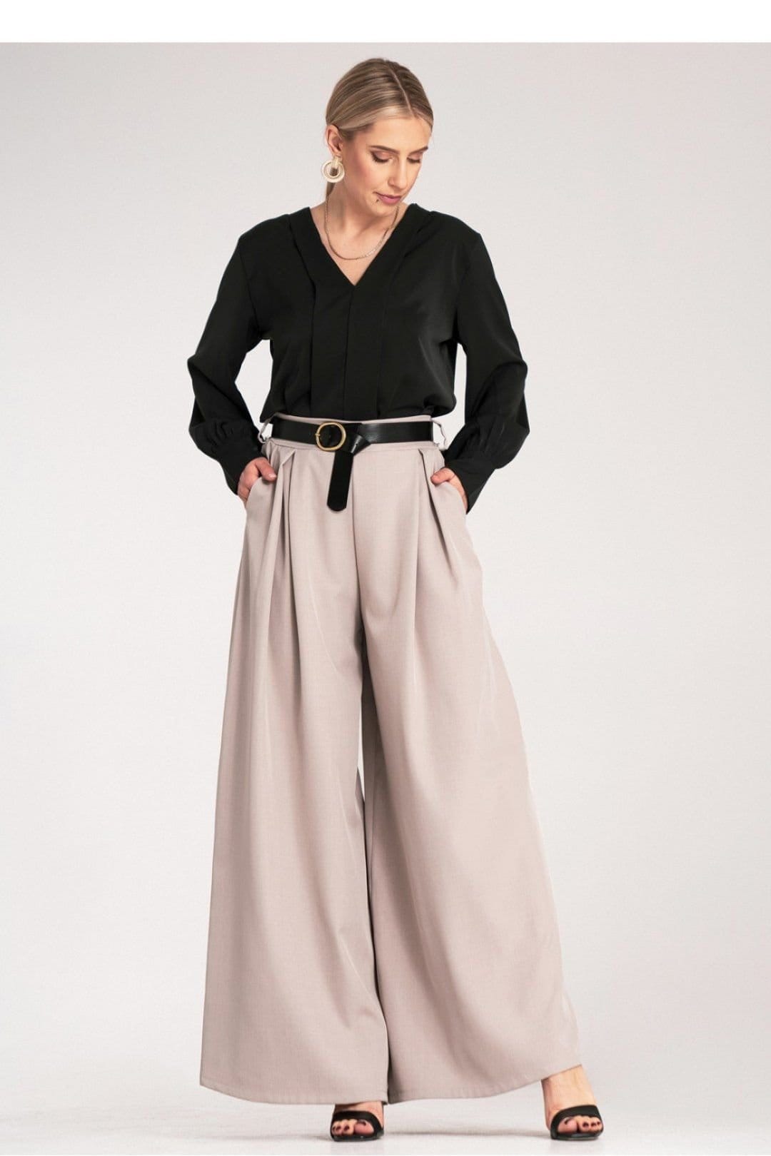 Love Lace Love Lace Women's High Waisted Wide Leg Palazzo Pants with Belt in Beige - 4