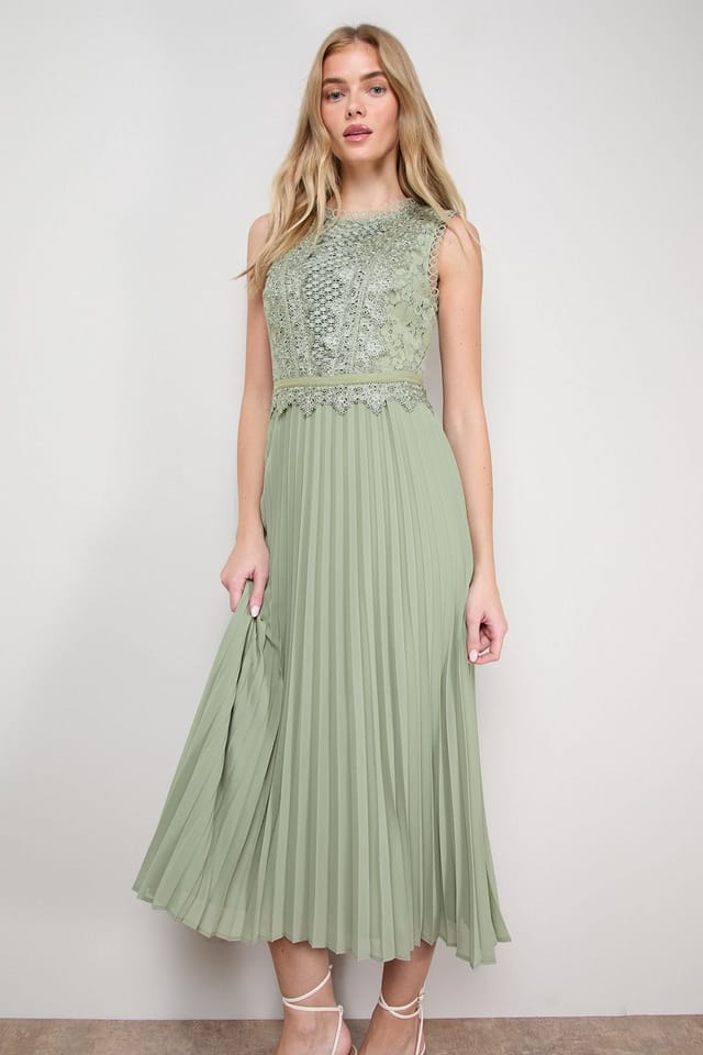 Oasis Oasis Women's Lace Trim Detail Pleated Midi Dress in Sage - 2