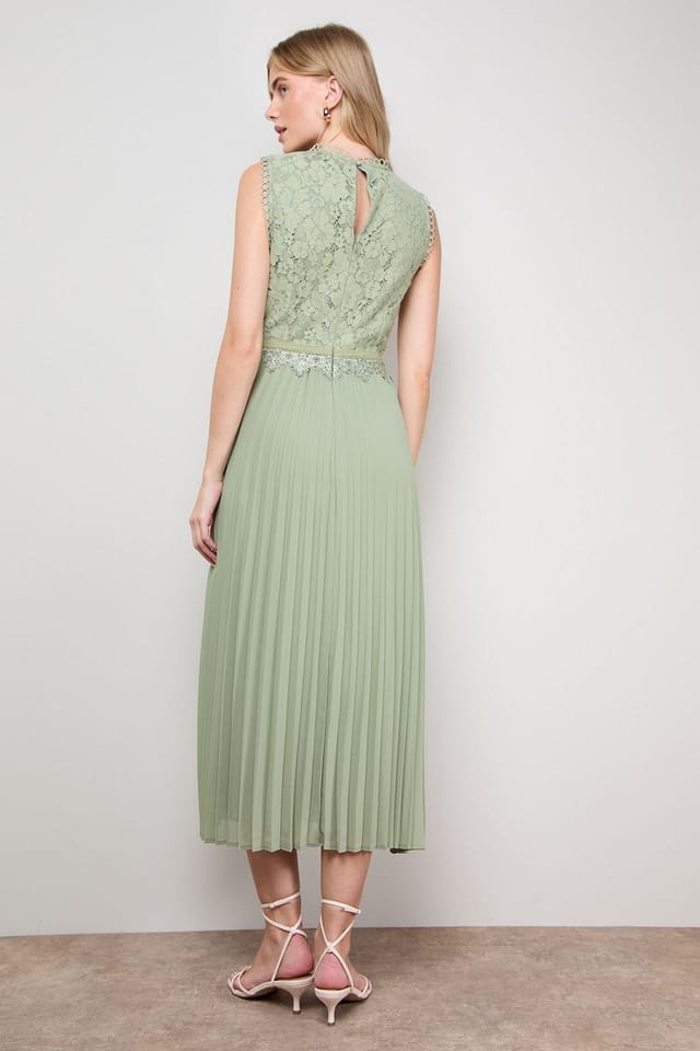 Oasis Oasis Women's Lace Trim Detail Pleated Midi Dress in Sage - 3