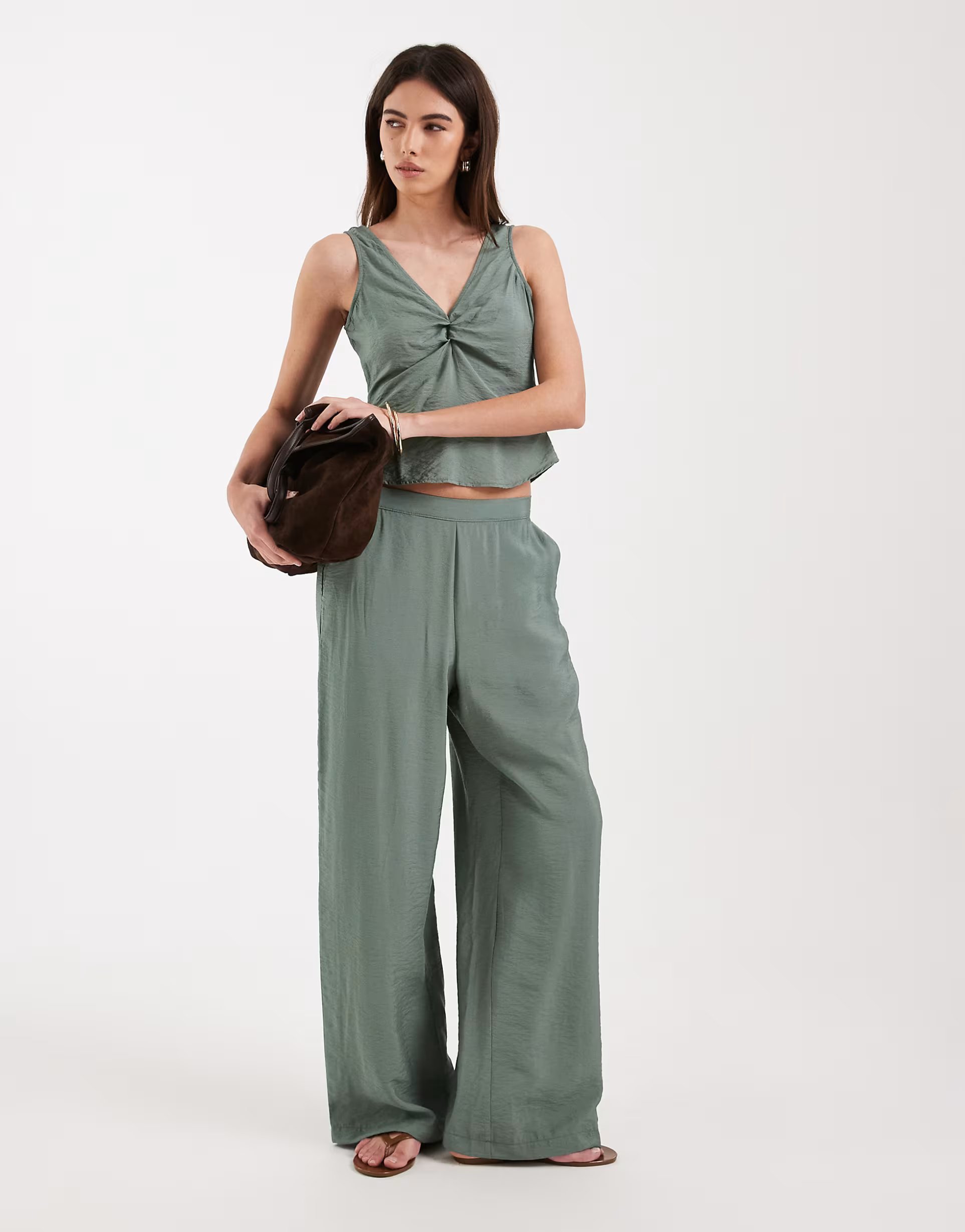 ASOS Vero Moda plunge front ruched detail sleeveless top and wide leg trouser set in laurel green - 1