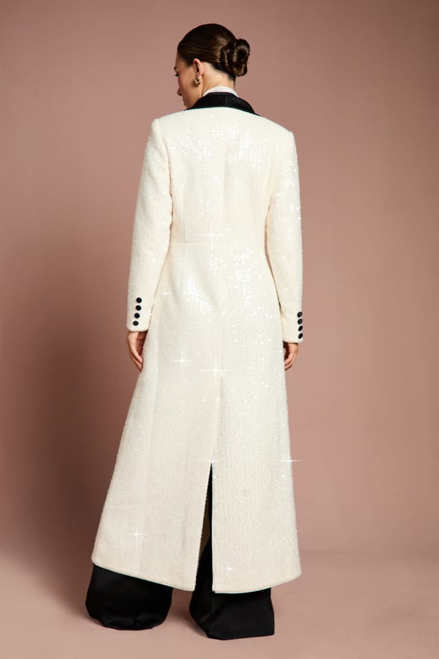 Coast Coast Women's Lisa Tan Double Breasted Sequin Tweed Maxi Coat in Mono - 3