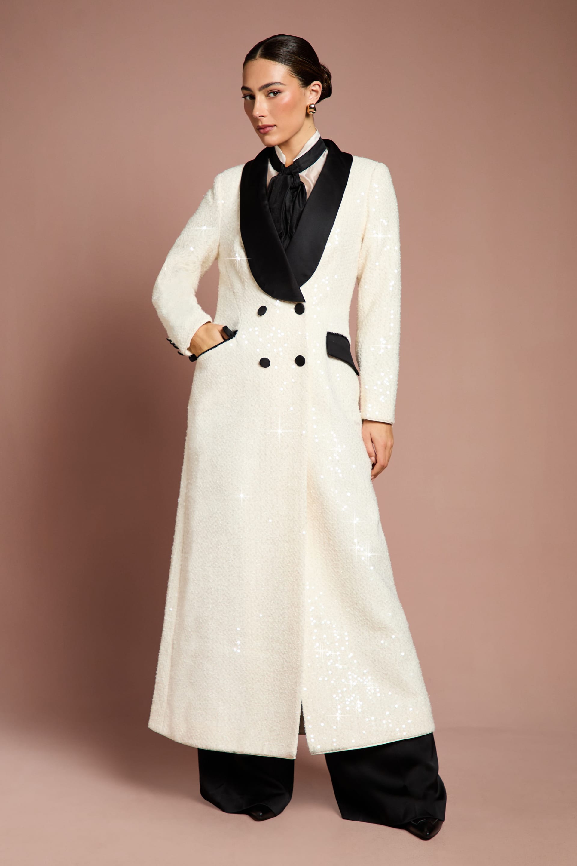 Coast Coast Women's Lisa Tan Double Breasted Sequin Tweed Maxi Coat in Mono - 4