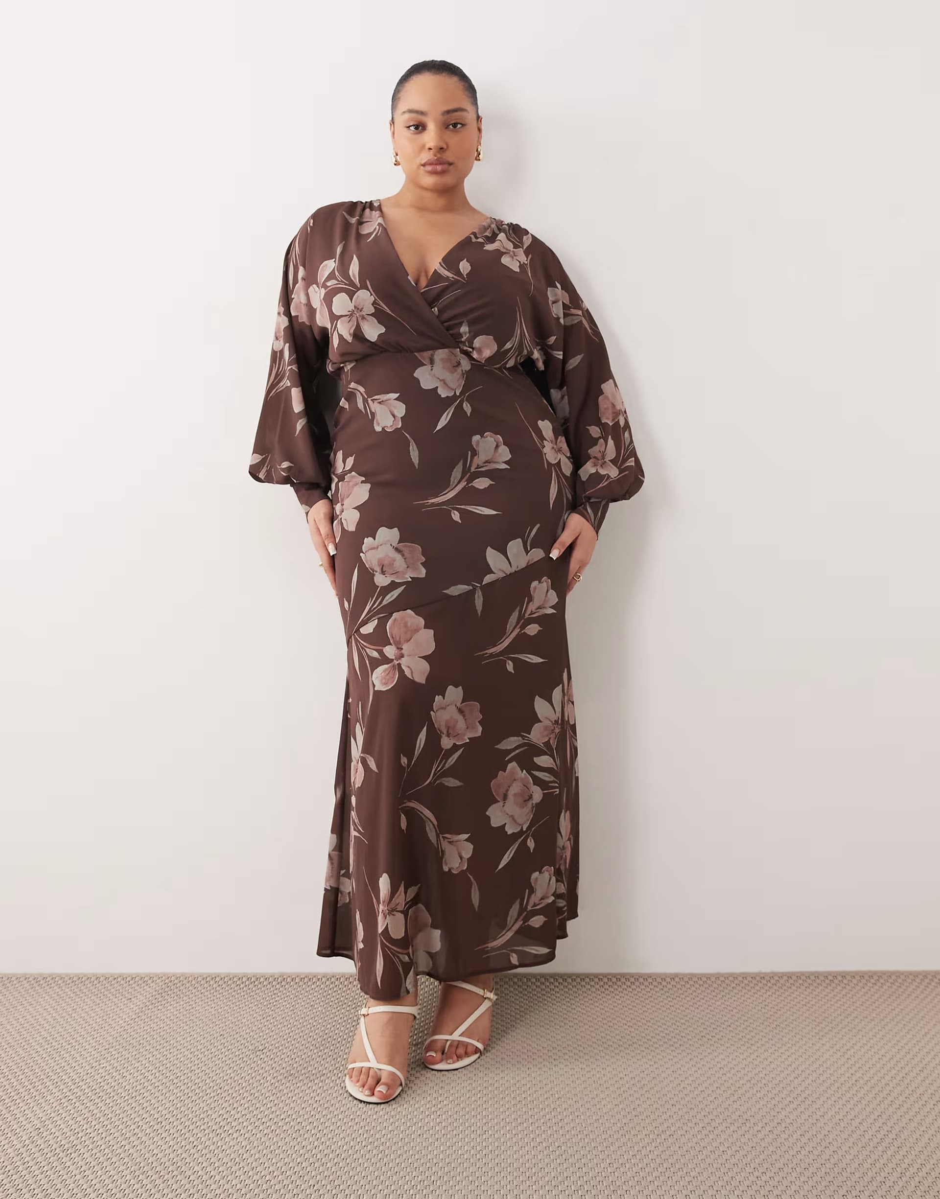 ASOS Pretty Lavish Curve wrap front and back batwing sleeve maxi dress in chocolate floral