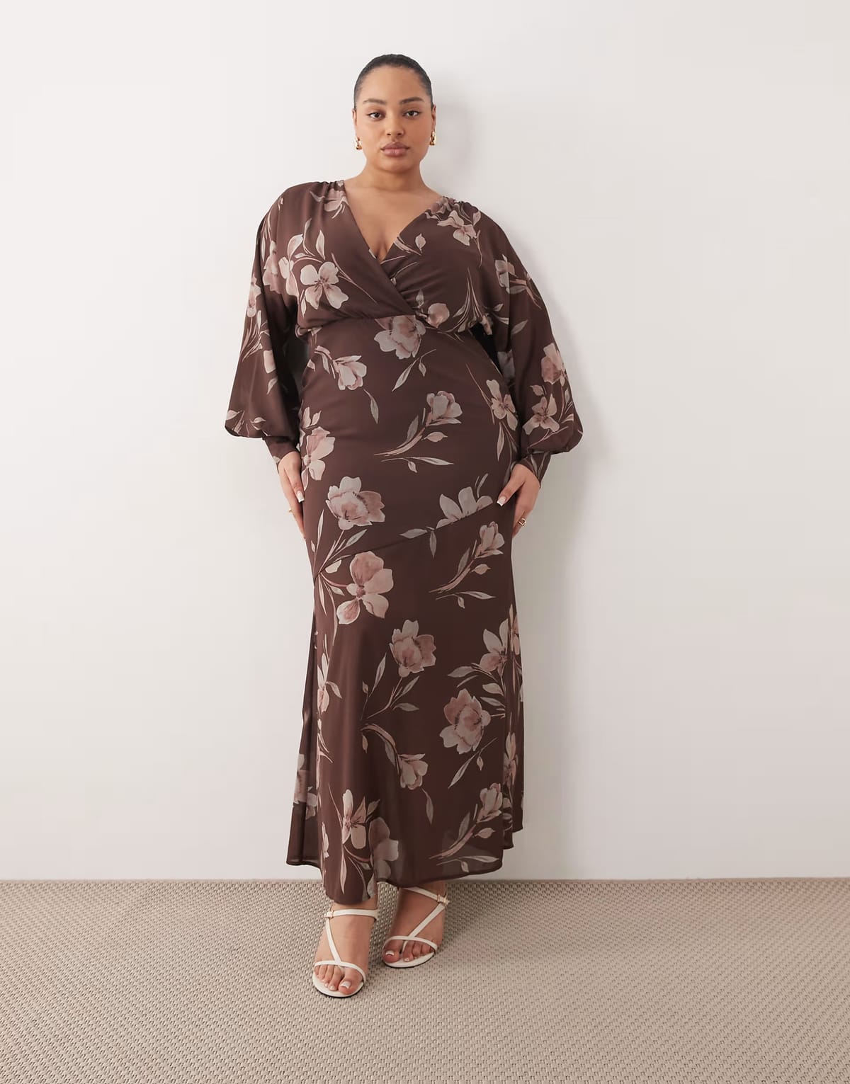 ASOS Pretty Lavish Curve wrap front and back batwing sleeve maxi dress in chocolate floral - 1