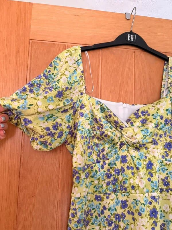 New Look New Look Green Floral Puff Sleeve Midi Dress UK 14