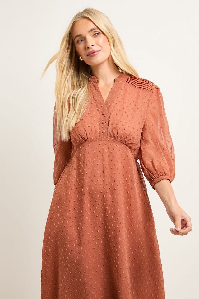 Wallis Wallis Women's Petite Dobby Pleat Detail Button Midi Dress in Peach - 2