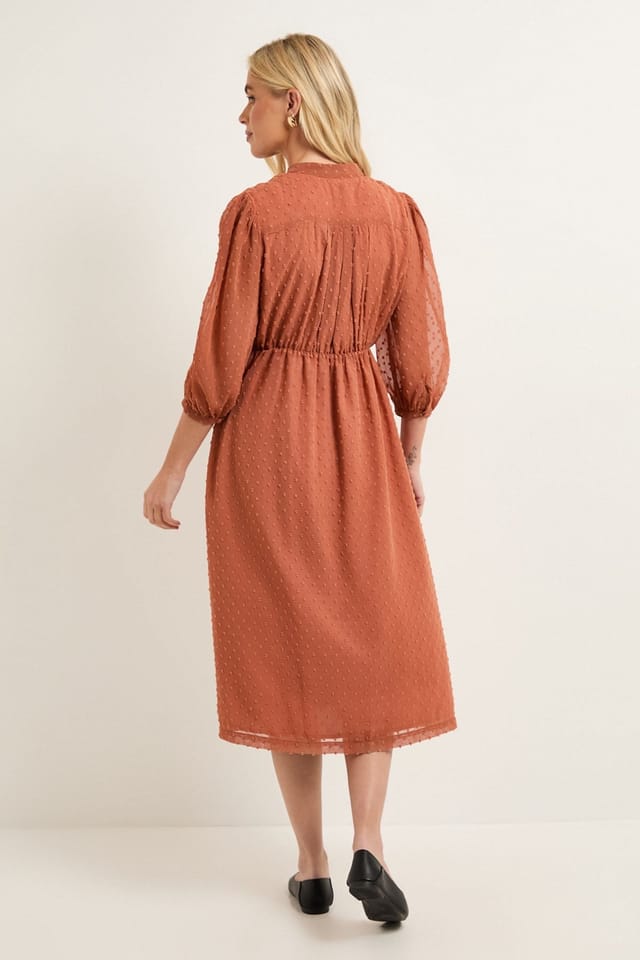 Wallis Wallis Women's Petite Dobby Pleat Detail Button Midi Dress in Peach - 3