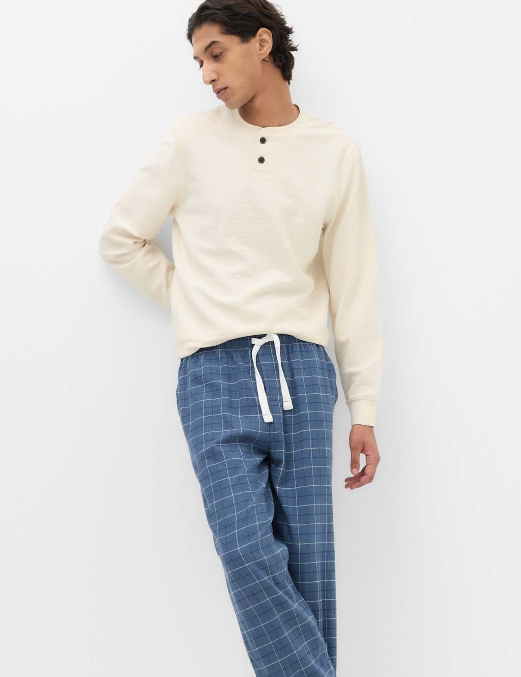 Marks & Spencer M&S Cotton Rich Textured Henley Loungewear Top Ecru Mix