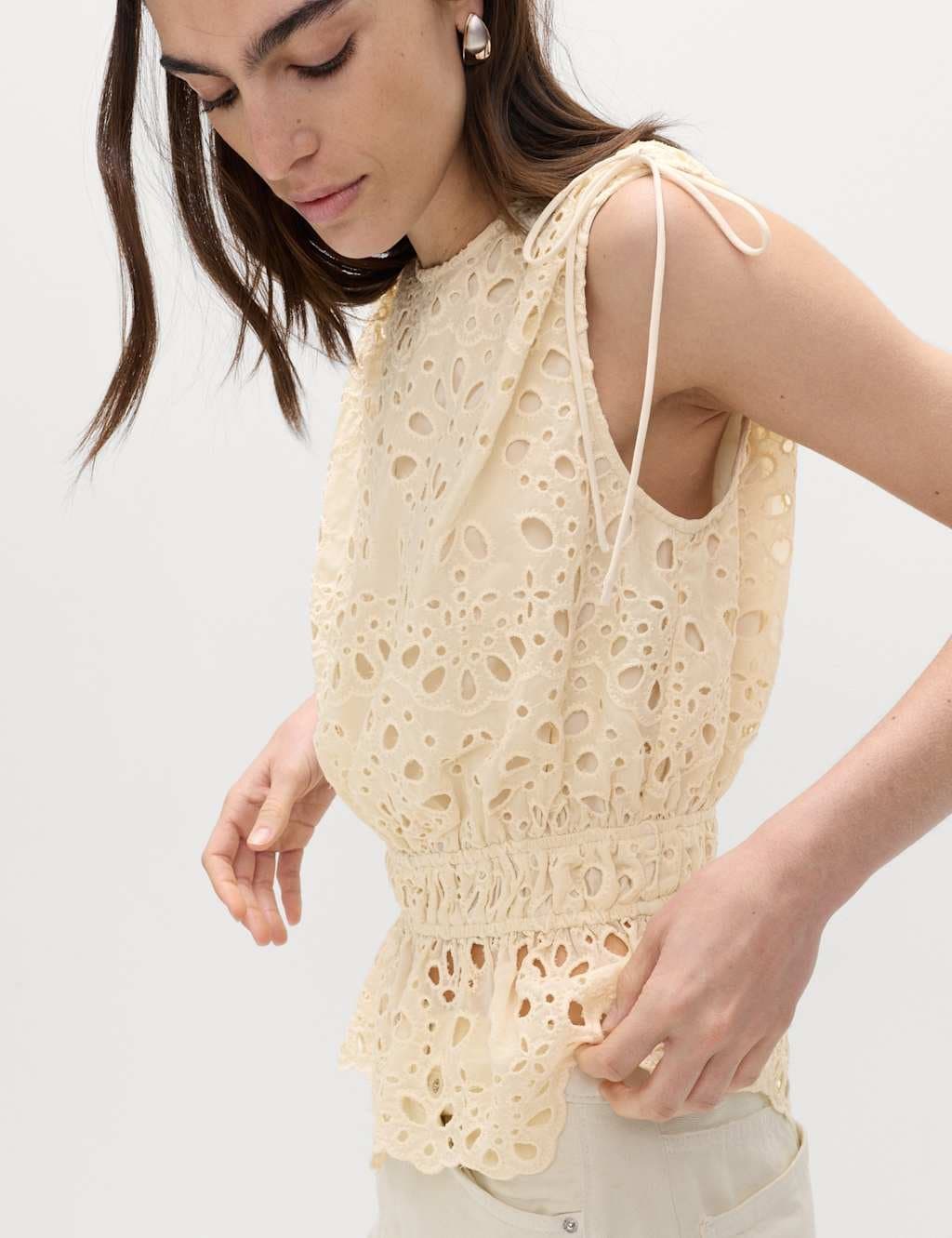 Marks & Spencer M&S Cutwork Detail Waisted Top Ivory