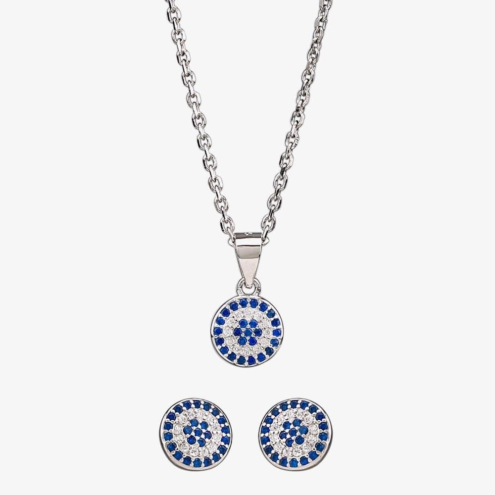 T.H.Baker T.H.Baker Women's Silver Blue & White Cubic Zirconia Round Pendant & Earring Set SET9729