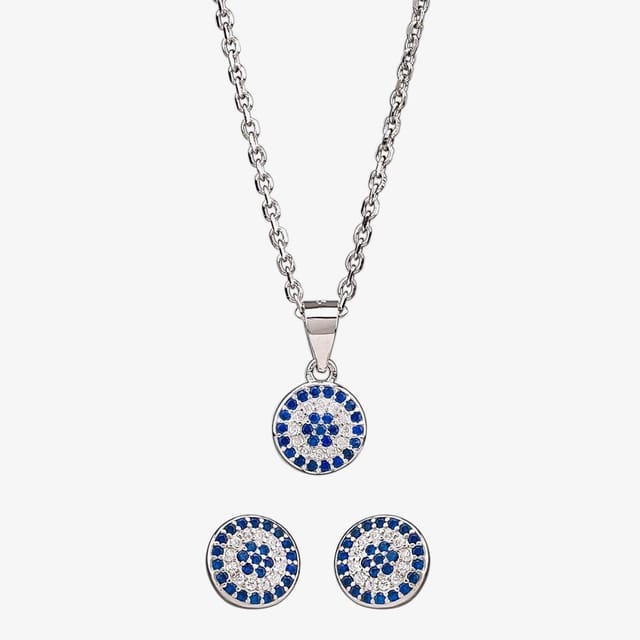 T.H.Baker T.H.Baker Women's Silver Blue & White Cubic Zirconia Round Pendant & Earring Set SET9729 - 2