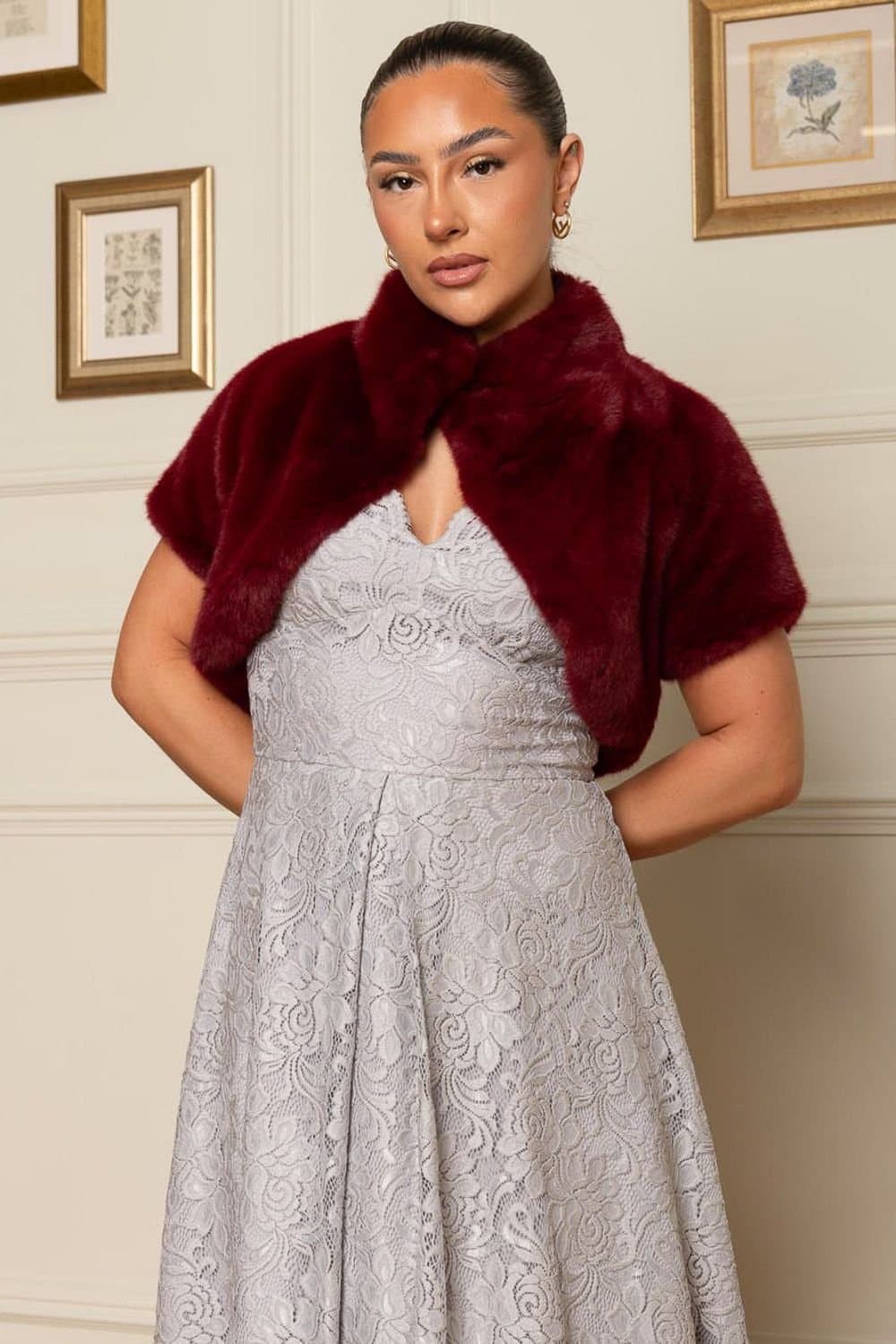 Jolie Moi Jolie Moi Women's Faux Fur Bolero Jacket in Burgundy