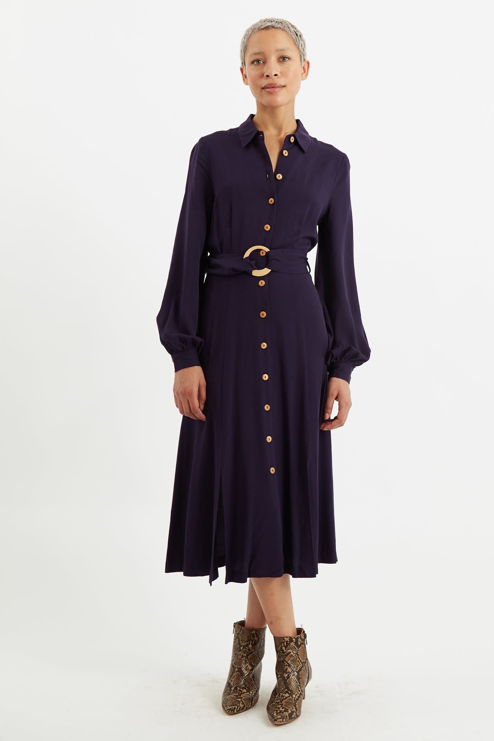 Louche Louche Women's Rebecka Twill Long Sleeve Midi Dress in Blue