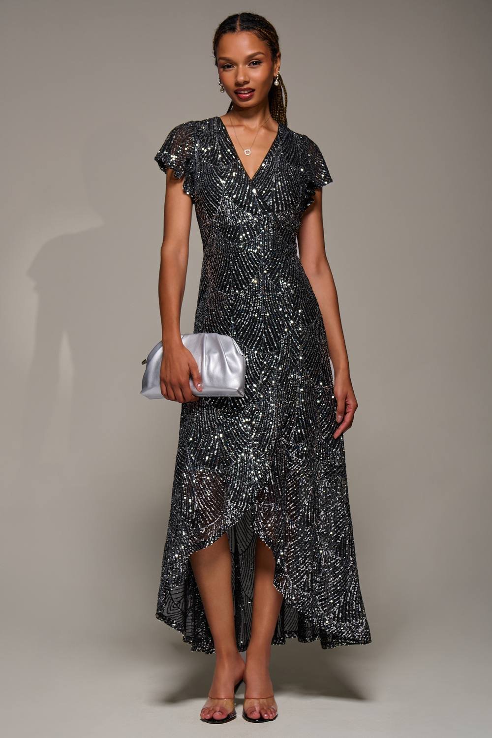 Jolie Moi Jolie Moi Women's Frill Short Sleeve Sequin Maxi Dress in Silver - 4