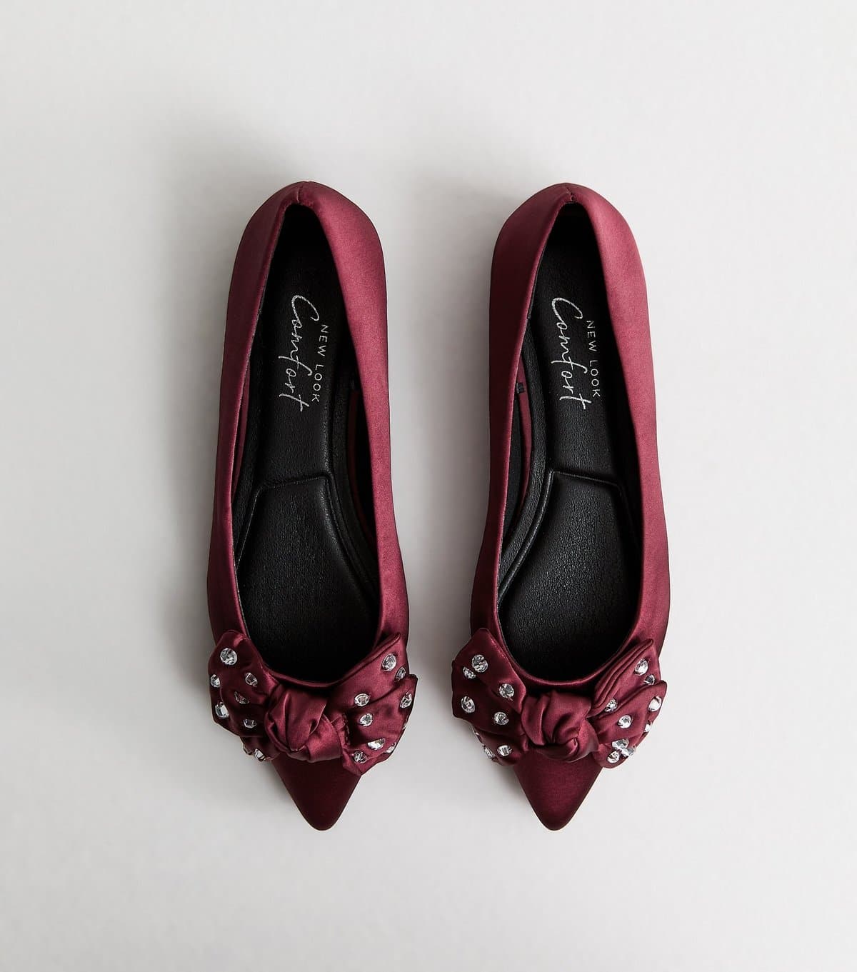 New Look Women's Burgundy Satin Diamante Embellished Bow Pumps Vegan New Look