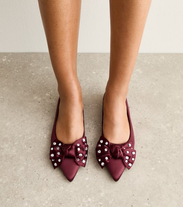 New Look Women's Burgundy Satin Diamante Embellished Bow Pumps Vegan New Look - 2