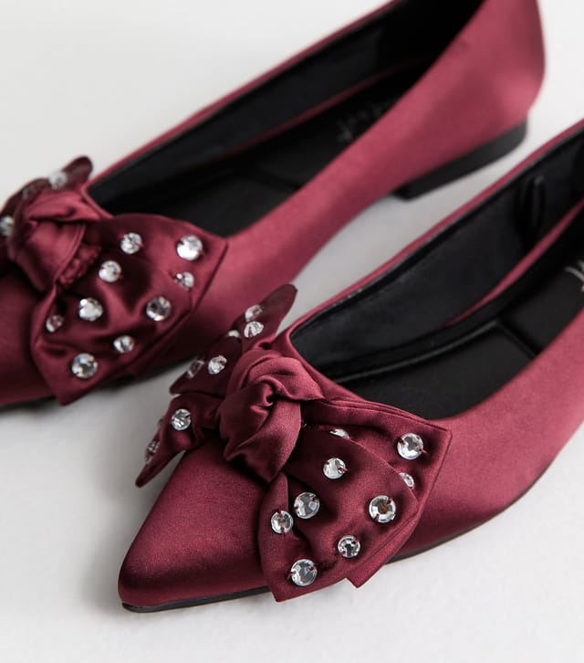 New Look Women's Burgundy Satin Diamante Embellished Bow Pumps Vegan New Look - 3