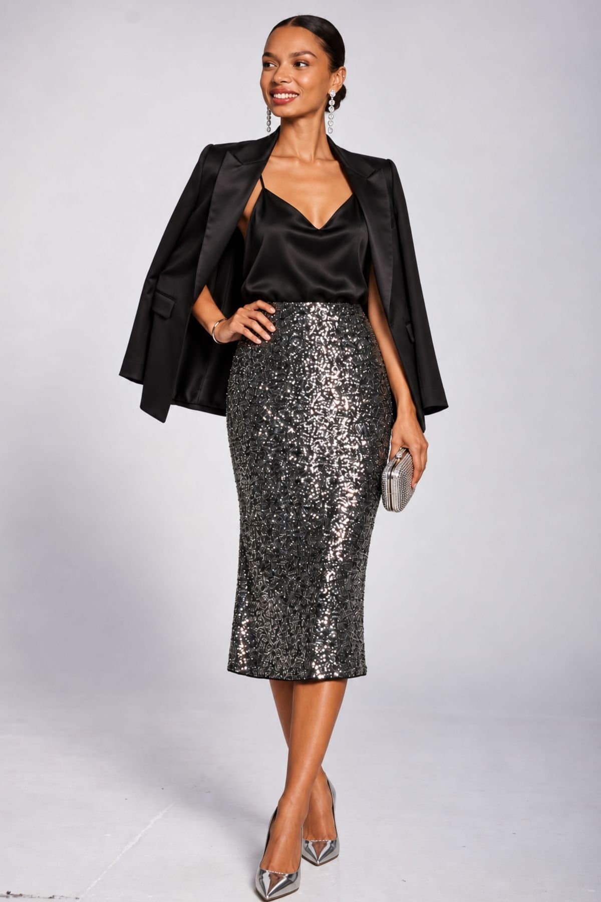 Jolie Moi Jolie Moi Women's Sequin Pencil Midi Skirt in Metallic Silver