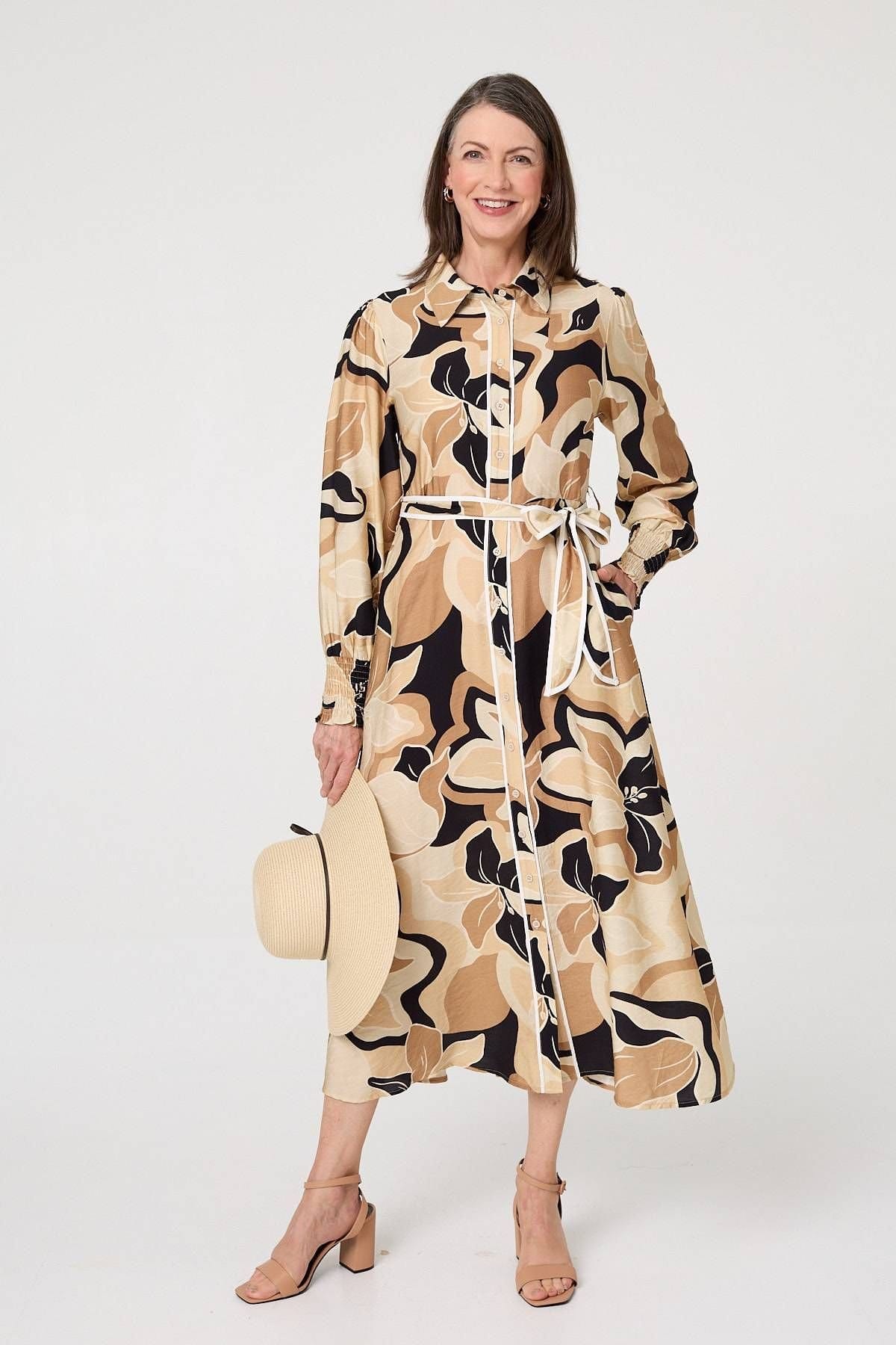 Izabel London Izabel London Women's Abstract Floral Midi Shirt Dress in Beige - 1