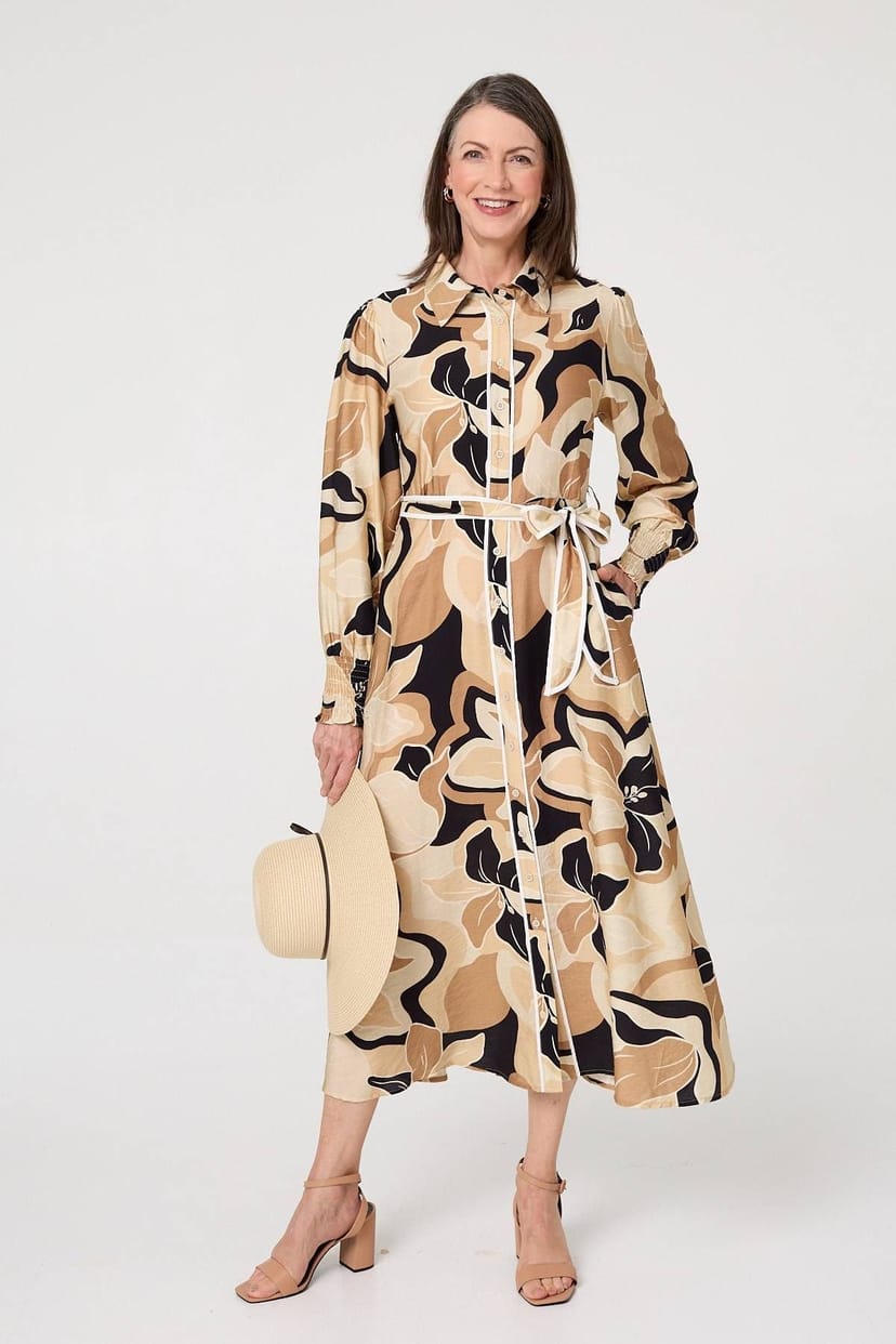 Izabel London Izabel London Women's Abstract Floral Midi Shirt Dress in Beige - 1