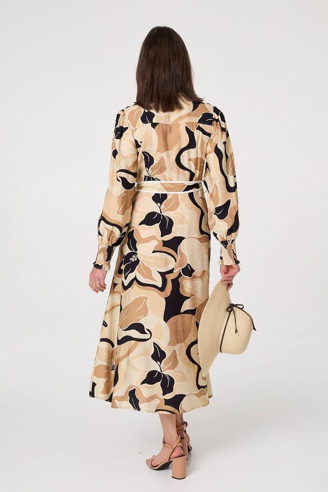 Izabel London Izabel London Women's Abstract Floral Midi Shirt Dress in Beige - 3