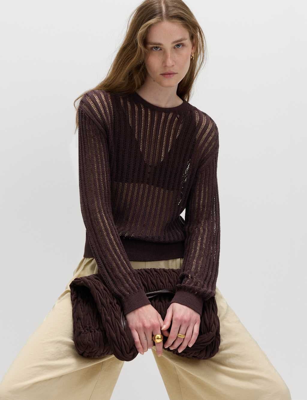 Marks & Spencer M&S Cotton Rich Textured Crew Neck Jumper Raisin