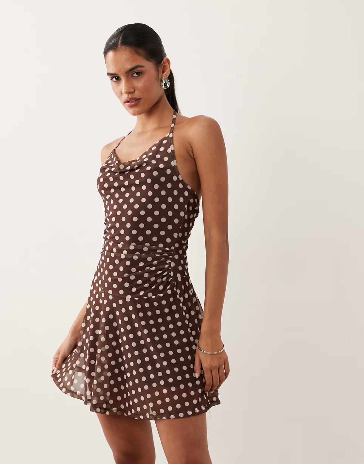ASOS New Look polka dot halter neck mini dress in brown - 1
