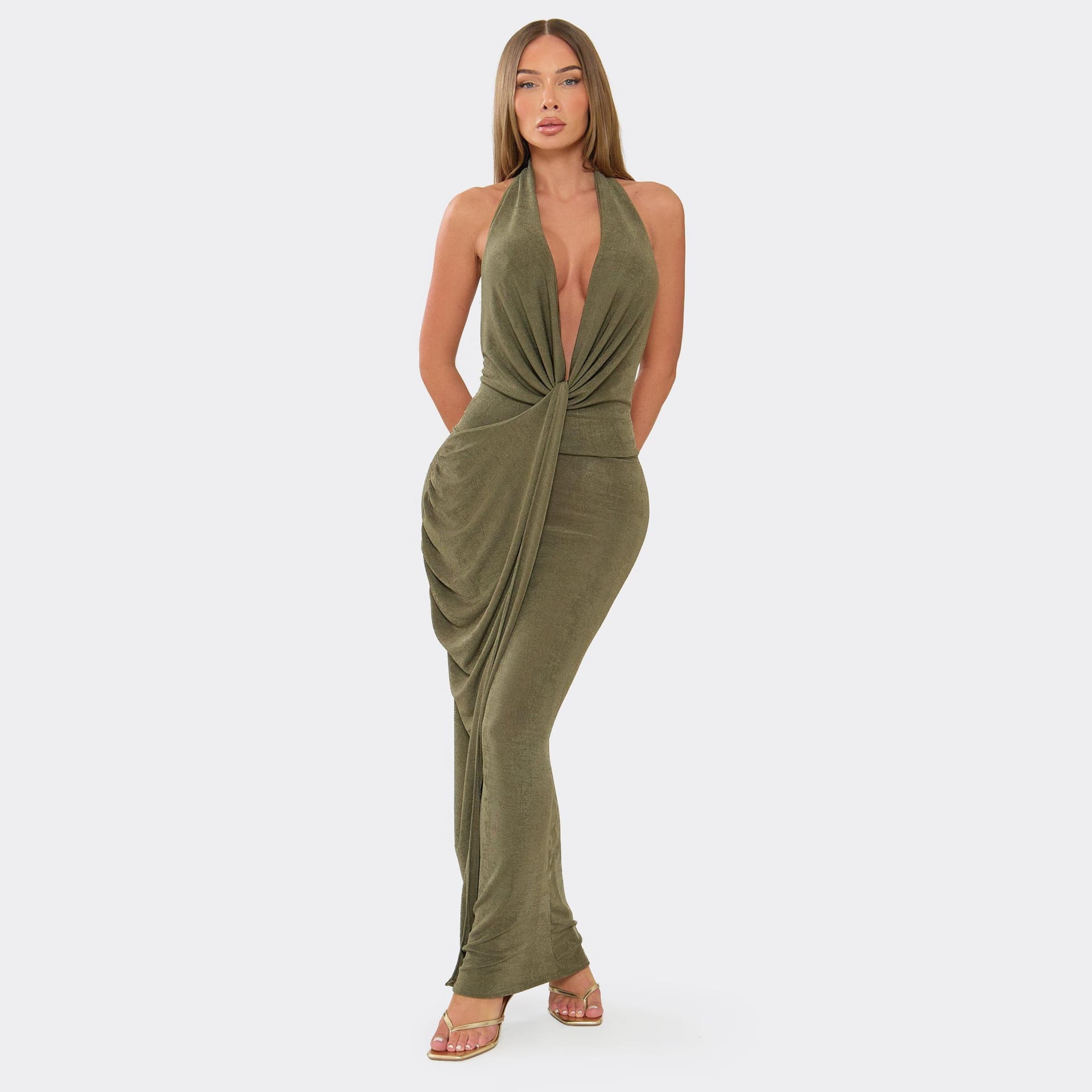 EGO Plunge Neck Draped Front Open Back Maxi Dress In Khaki, Women's Size UK 6