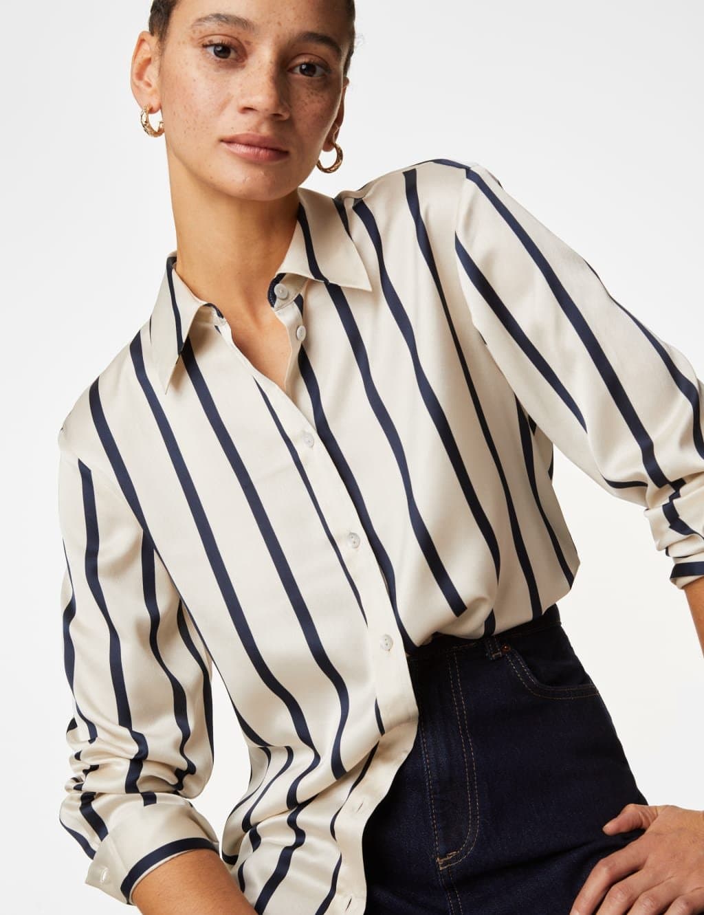 Marks & Spencer M&S Satin Striped Collared Button Through Shirt Navy Mix