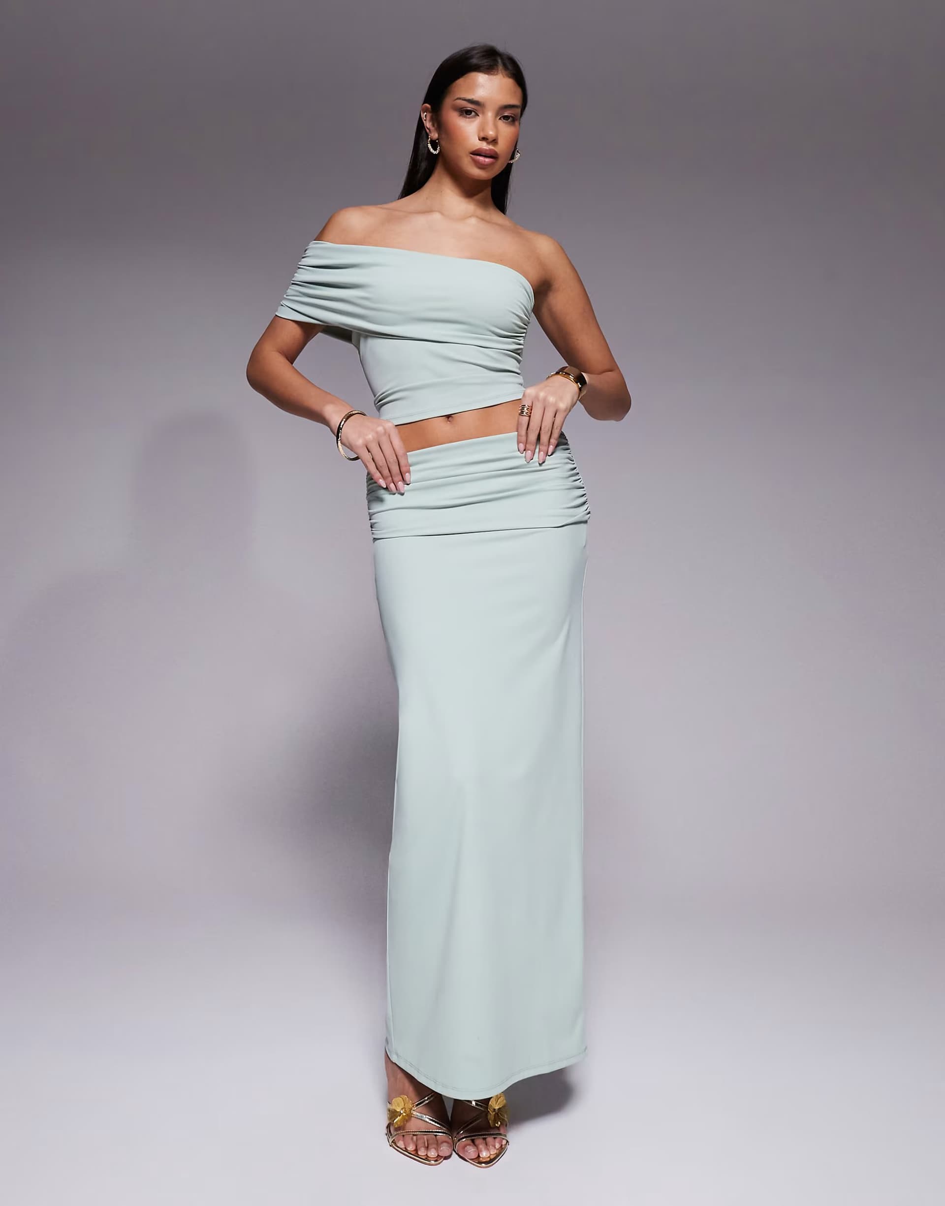 ASOS The Frolic exclusive slinky ruched foldover detail maxi skirt co-ord in sage green