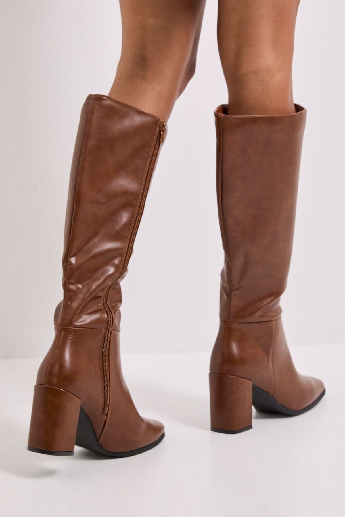 Dorothy Perkins Dorothy Perkins Women's Wide Fit Kristen Faux Leather Square Toe High Heel Knee Boots in Dark Tan - 4
