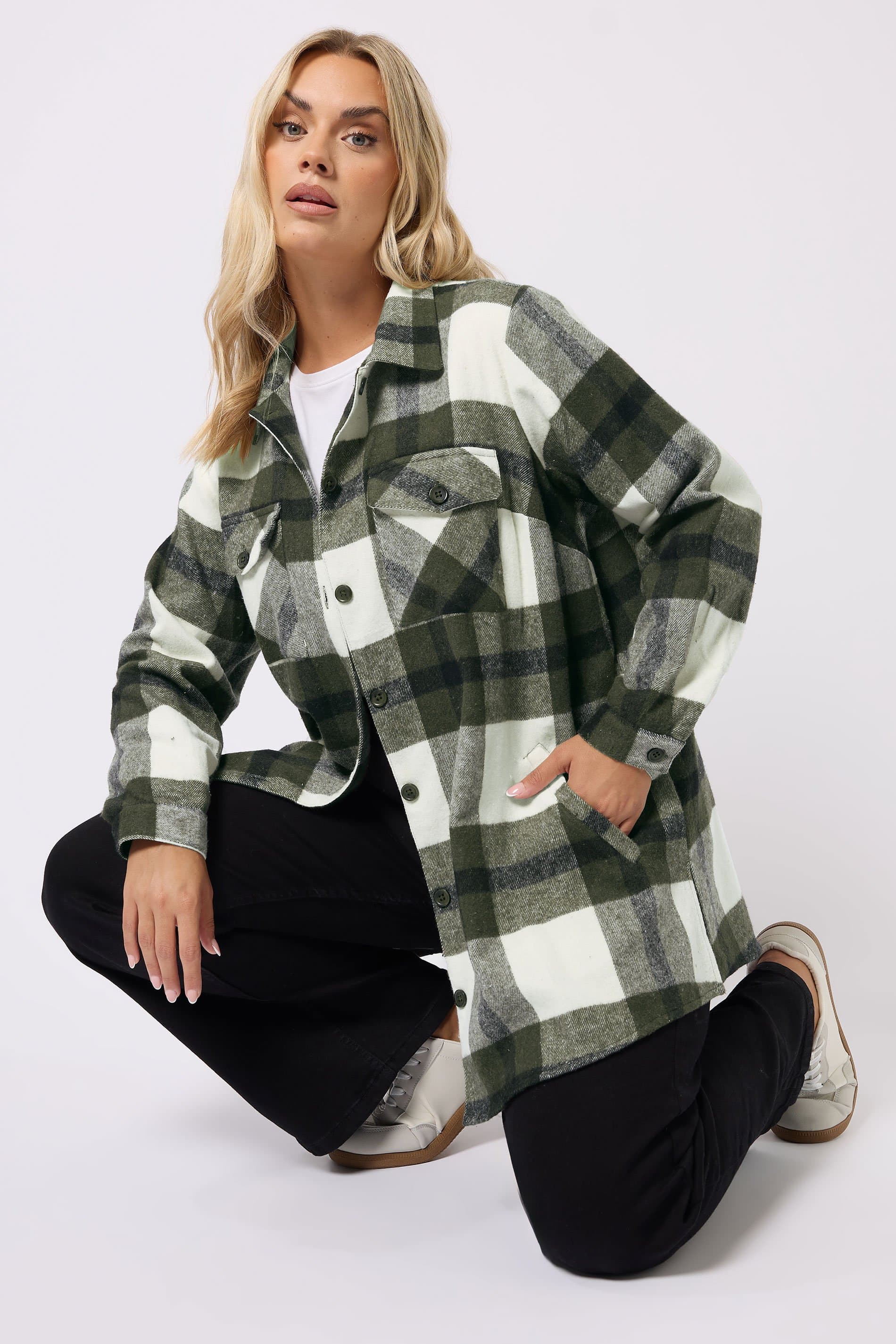 Yours Plus Size Khaki Green Check Shacket