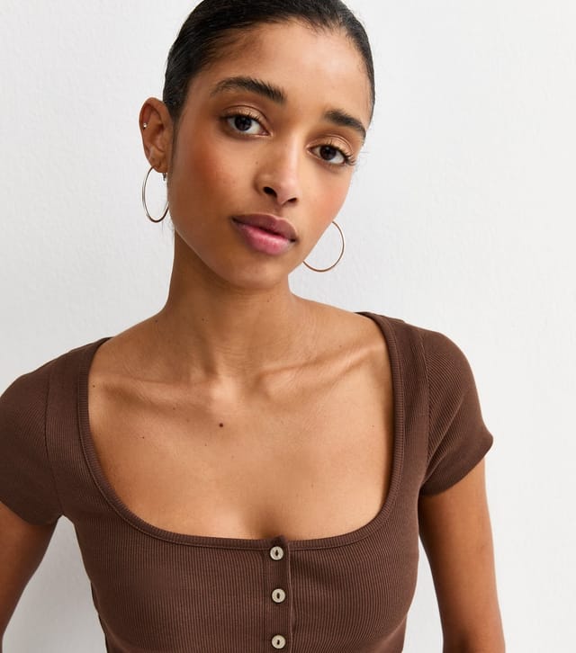 New Look Women's Dark Brown Square Neck Button Through T-Shirt New Look - 3