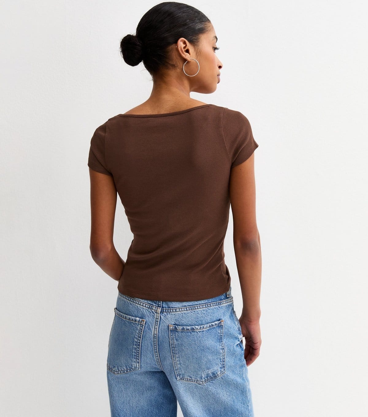 New Look Women's Dark Brown Square Neck Button Through T-Shirt New Look - 4