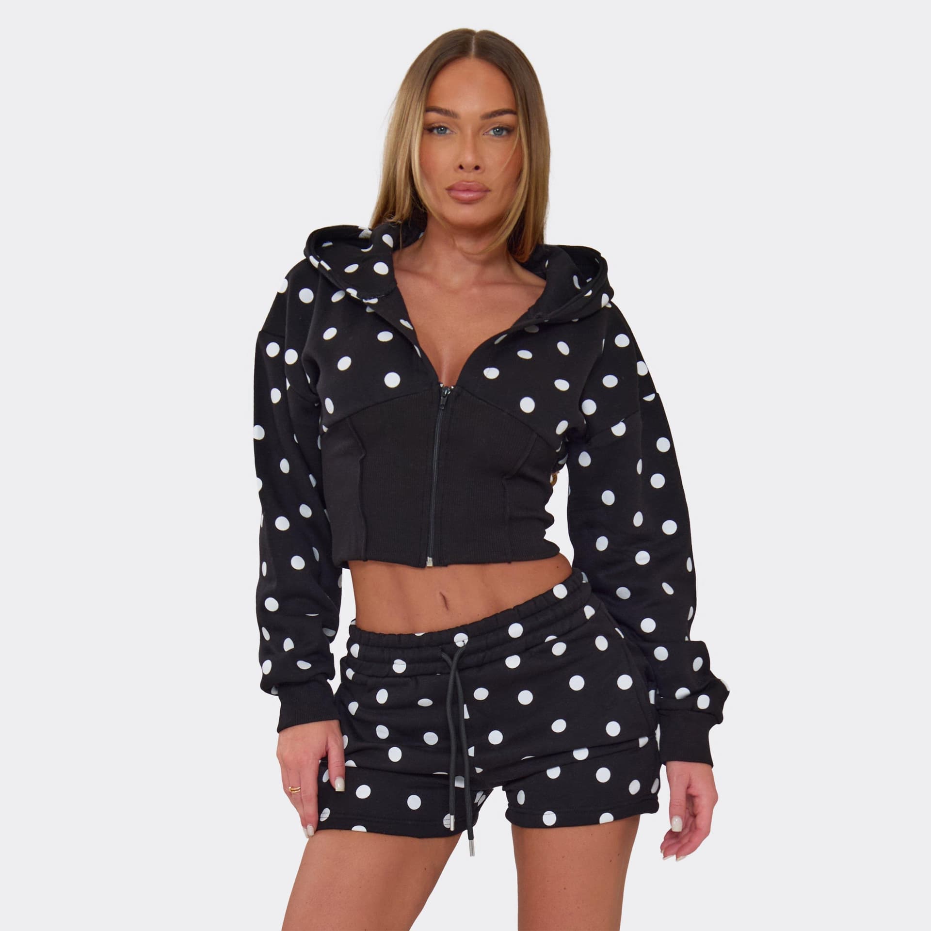 EGO Long Sleeve Cinched Waist Zip Up Hoodie And Sweat Shorts Co-Ord Set In Black Polka Dot, Women's Size UK L