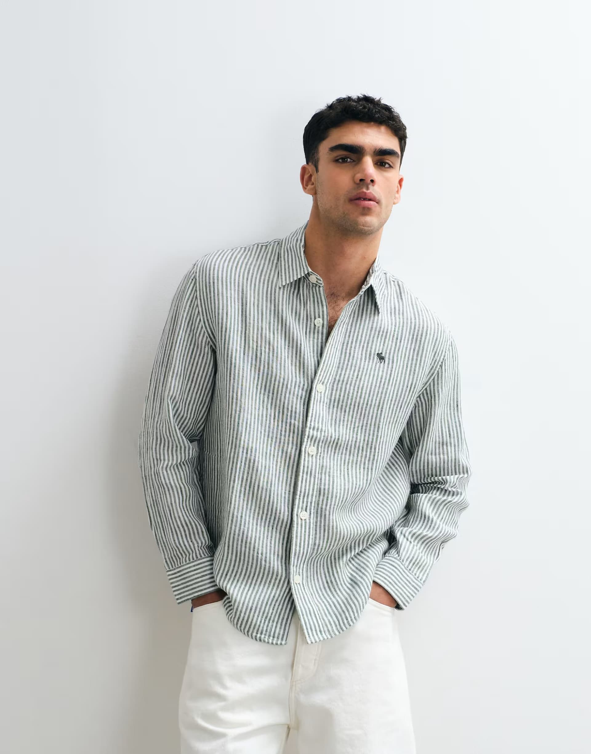 ASOS Abercrombie & Fitch 100% linen long sleeve shirt in green stripe