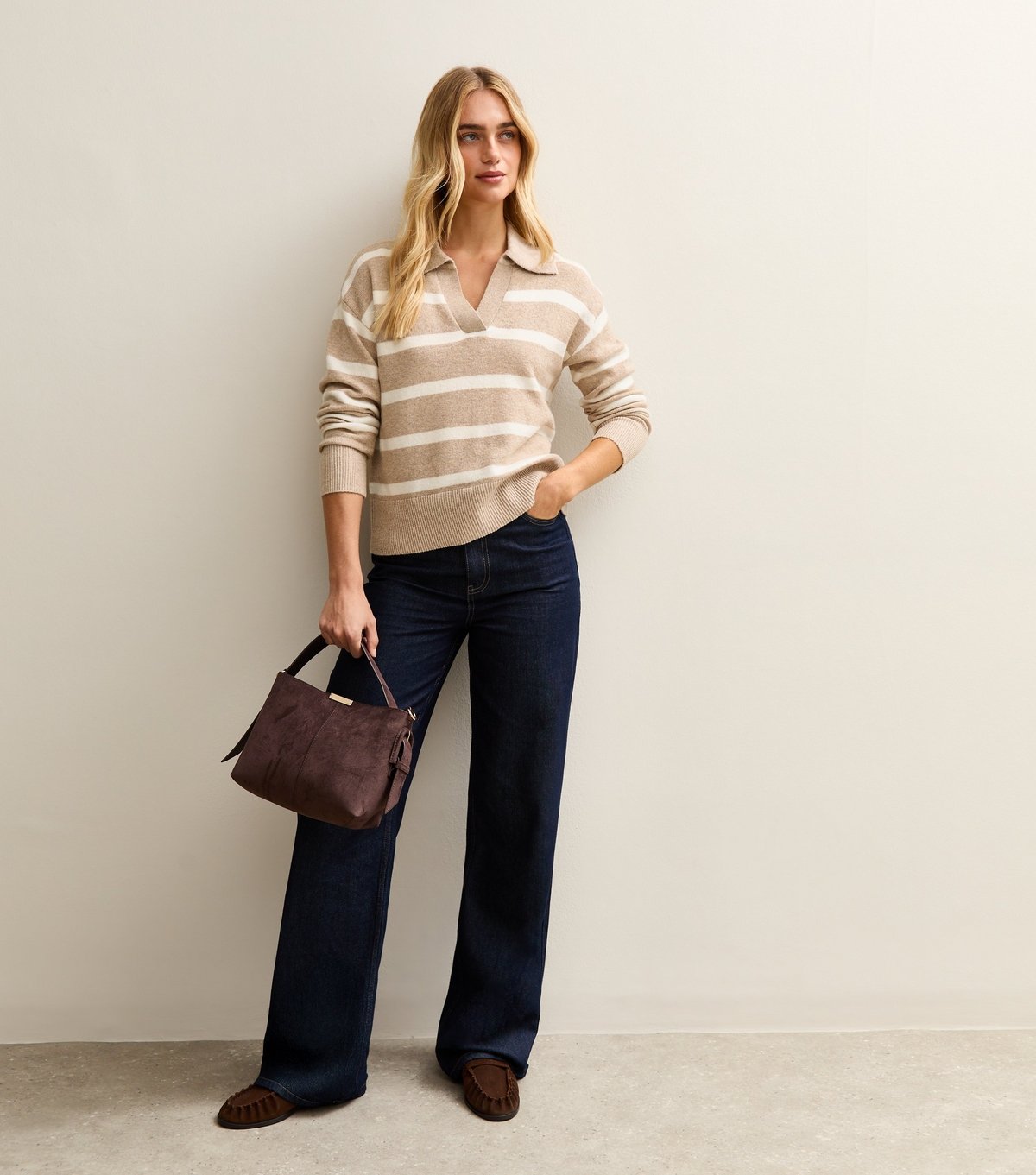 New Look Women's Brown Striped Open Collar Polo Jumper New Look - 2