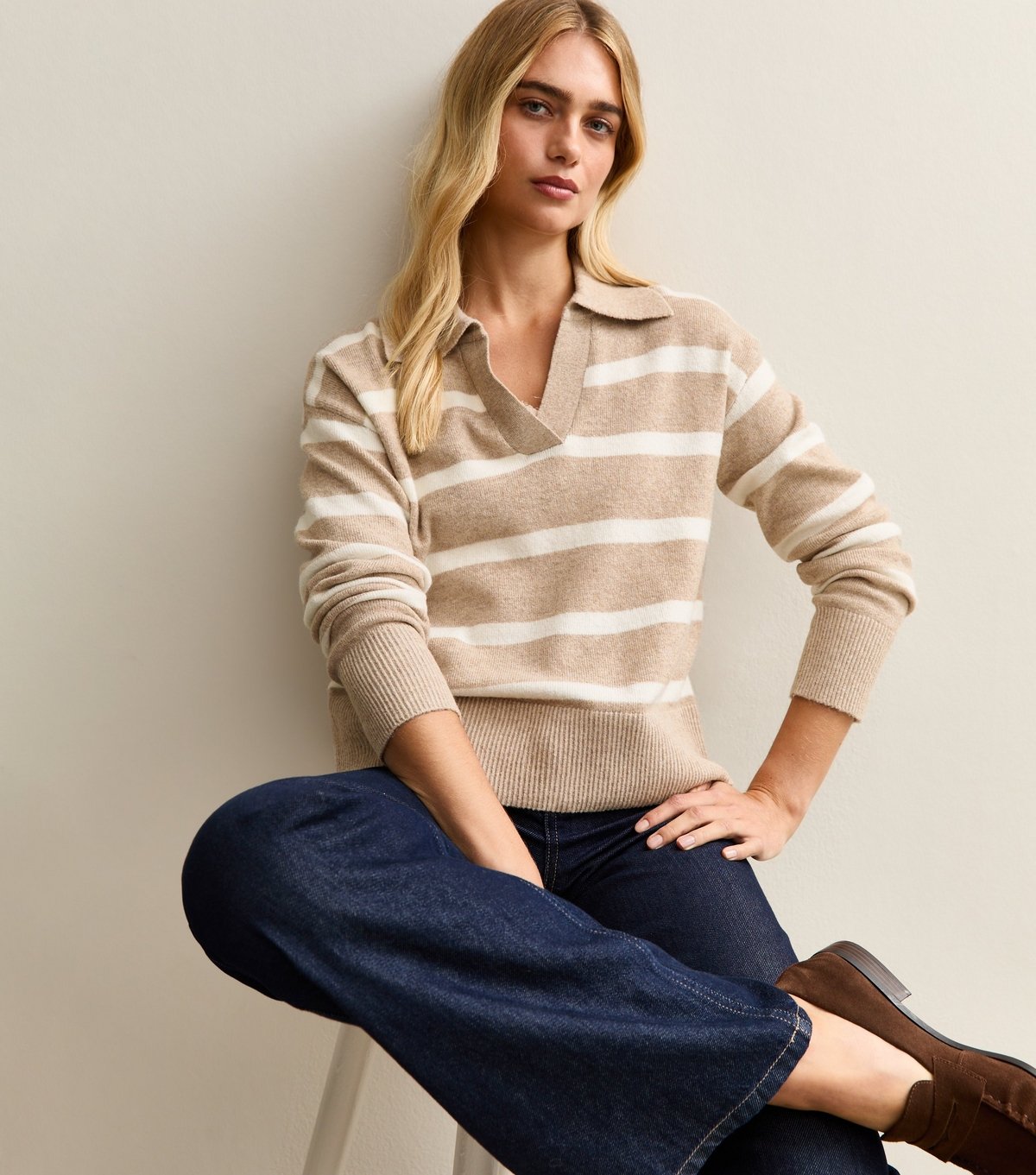 New Look Women's Brown Striped Open Collar Polo Jumper New Look - 3