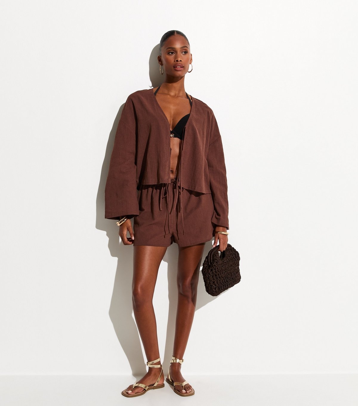 New Look Women's Brown Cotton Slub Tie Front Beach Shirt New Look - 3