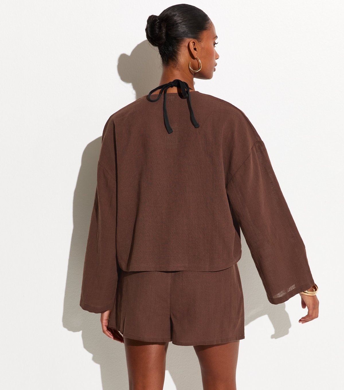 New Look Women's Brown Cotton Slub Tie Front Beach Shirt New Look - 4